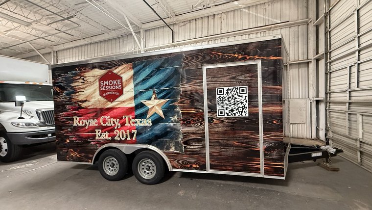 Food trailer wrap for a barbecue vendor